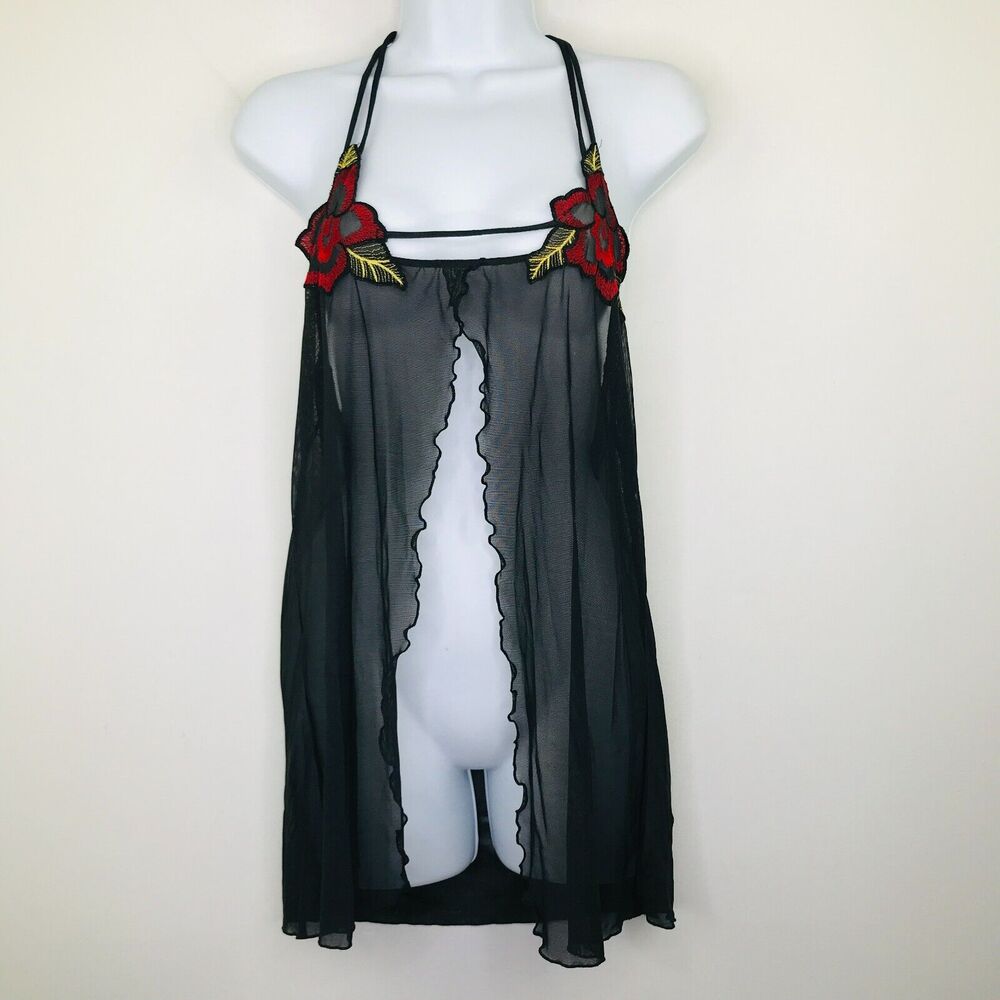 Victoria's Secret Large Nightie Black Sheer Rose Embroidered Babydoll Sexy BL7